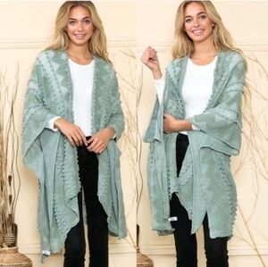 SAACHI Mint Sage Green Knit Open-Front Poncho Kimono